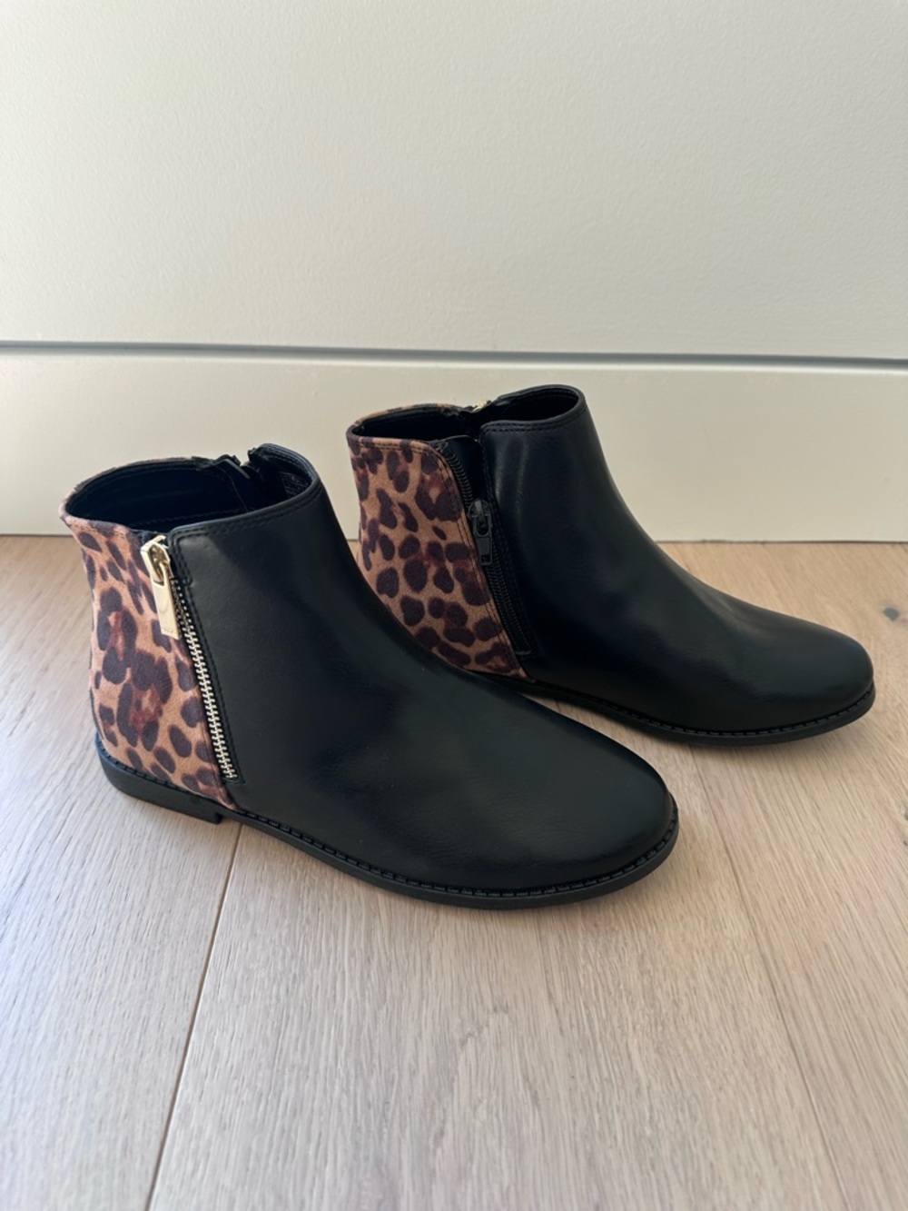 Aldo Black Ankle Boots with Leopard-Print Heel Panel